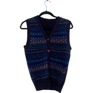 Womens Wool Multicolor Fair Isle Pattern Button Front Sweater Vest Vintage‎